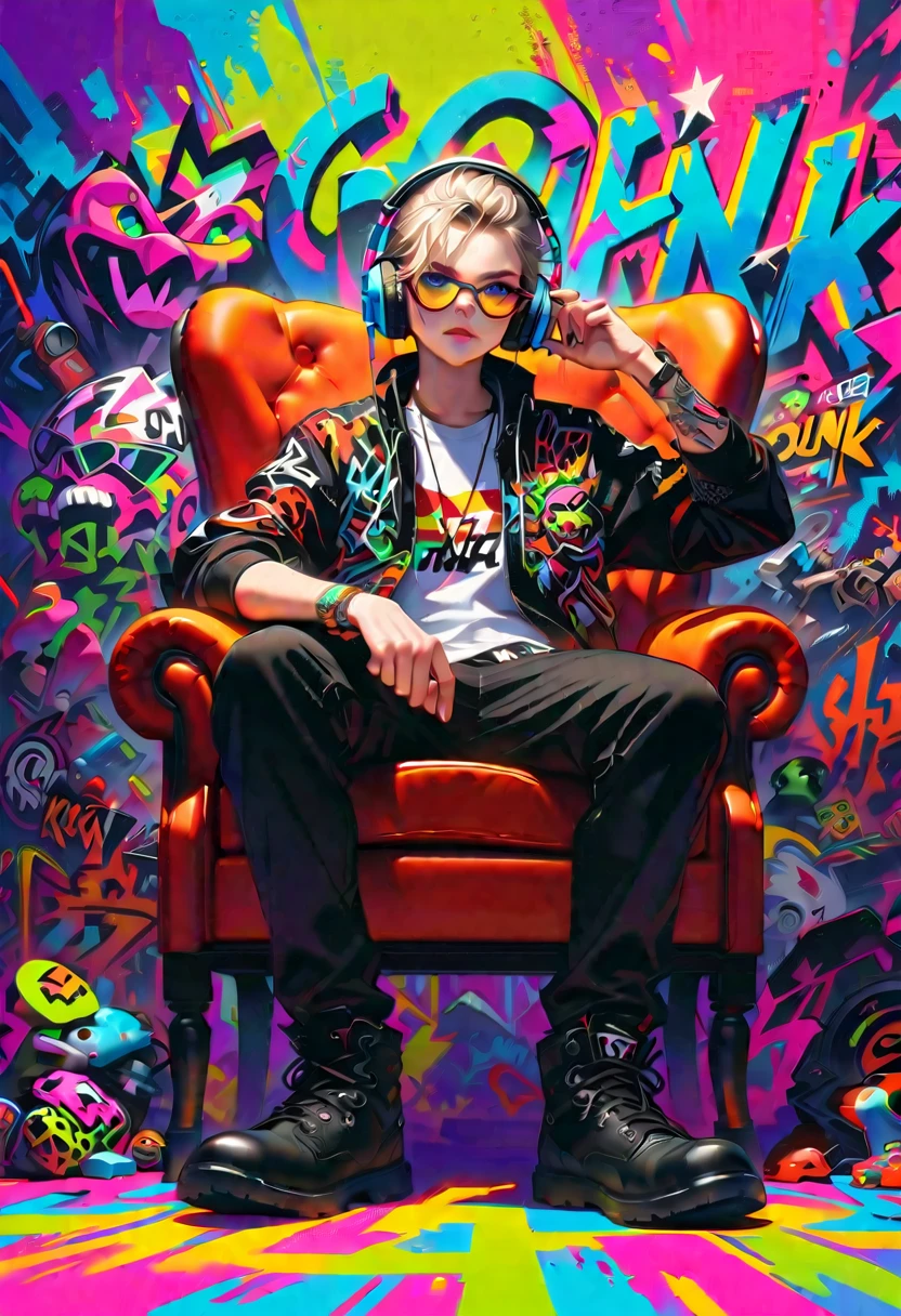 Style 5,Style 7,High resolution, (Best details) (Highest quality), Wear sunglasses、A man wearing black-rimmed glasses sitting on a sofa chair, Wearing headphones,(((Graffiti art))), (((Trigger Studio style, Graffiti art, Rock punk, Neon color))), Karn Griffiths