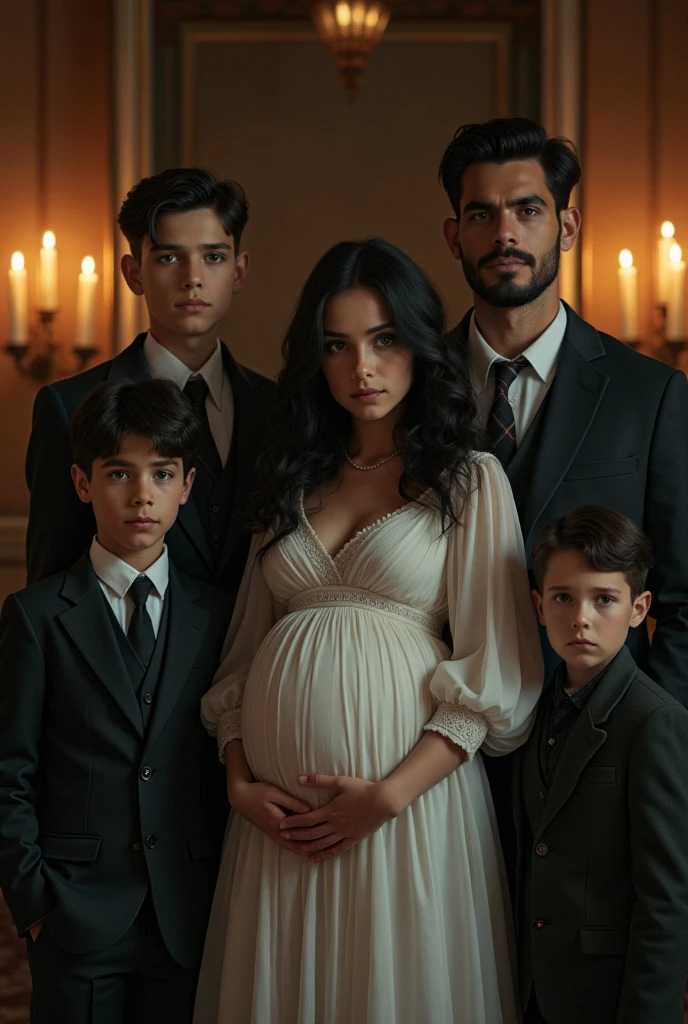 Create a family inside a candlelit mansion. A 31 year old curvy father with light skin, short dark brown hair with waves, dressed smartly with dark blue eyes. A 29-year-old mother, 7  pregnant, fair skin, black hair and waves at the ends, blue eyes, dressed in a white dressing room. A 7 year oith dark brown hair, short, semi-wavy hair, light skin, blue eyes, wearing shorts and an elegant t-shirt. A 5 year old boy wight black hair a little longer than his ears, light skin, dull blue eyes and a smart dress. A 4 year old boy with lighdark brown hair, dark blue eyes dressed in a kimono. A 2 year old boy with light skin,  black hair and dark blue eyes. They are positioned for a family photo, the father is not smiling and neither is the 7-year-old boy.. Based on the Zoldicmily m the anime Hunter x Hunter 