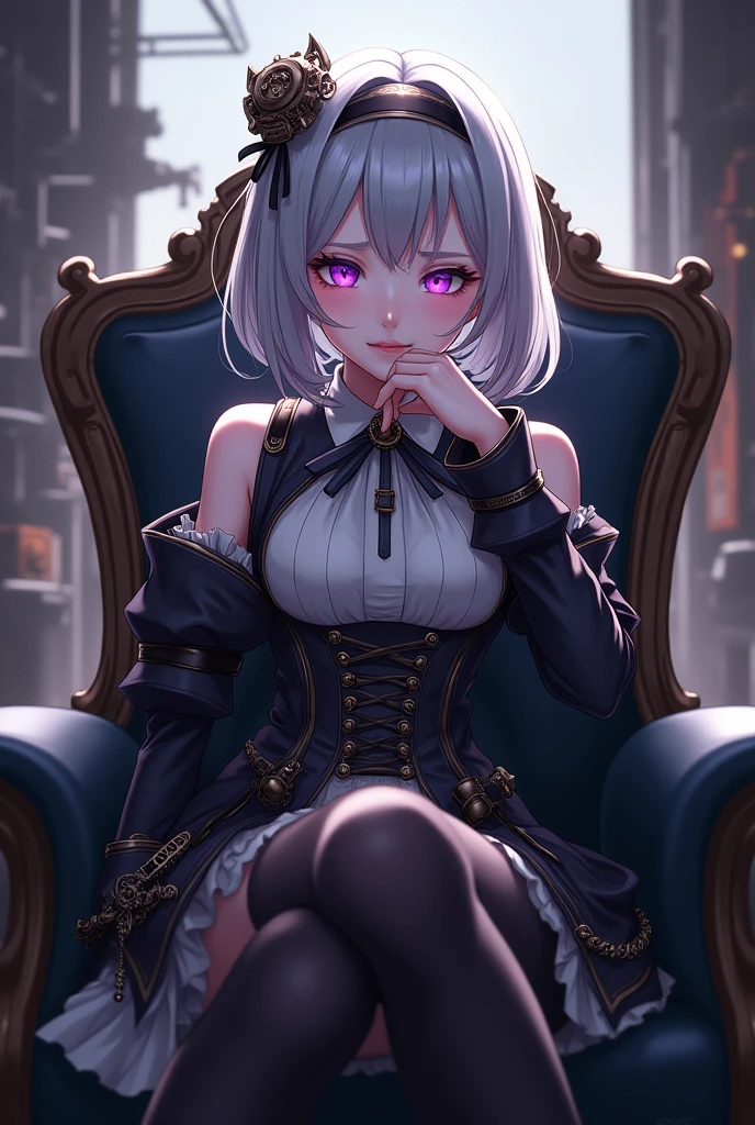 steampunk。eyes are light purple。He has silver hair and is British.。Girl。steampunkな服装。背景はsteampunkな街。Game character。Anime Style。The pose is low-key and the backlight makes him look evil。Sitting on a chair with her right hand on her chin