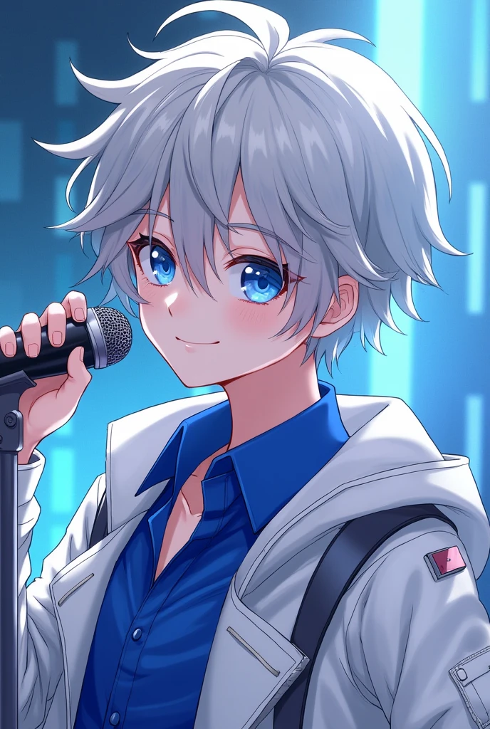 Idol boy with messy silver hair falling over one eye.
skin fair.
royal blue eyes.
white jacket with silver.
royal blue shirt.
white idol microphone.
vocaloid sekai cool stylish