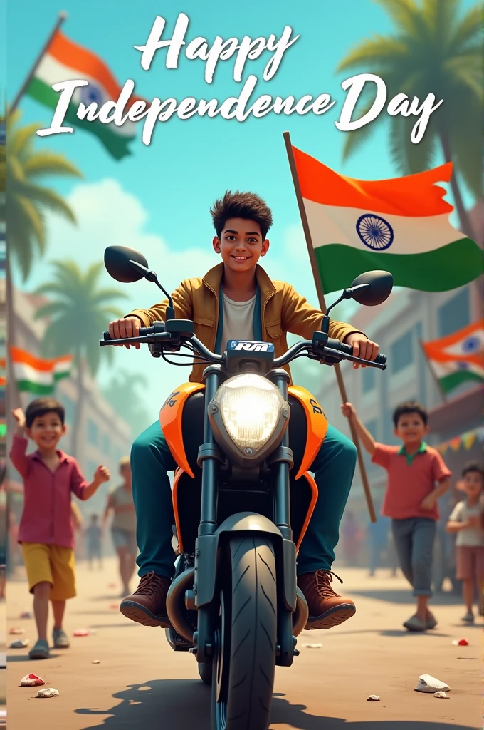 realistic Indian 18 year old boy sitting KTM bike Number MH_21_888 Holding Indian flag and celebrating India festival happy independence day with background of blue sky in Indian Street and boy wearing white hoodie with name”Lovish’ style hair on it by the way childrens are holding Indian flag playing a round, some children also playing, and some uncles drinking tea at a shop. also a text written “Happy independence day”at top, 3D art painting real photo with high resolution.