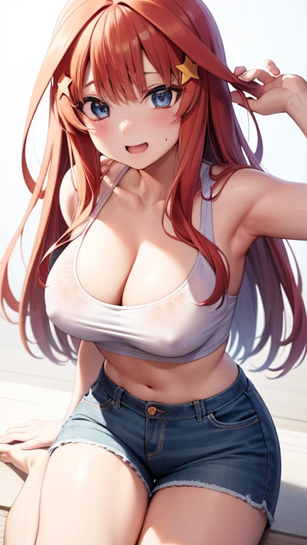 赤い髪と青い目をしたAnime Girls、(Huge Tits), (Belly button and shoulders are visible)、Loose white t-shirt,No underwear, The shirt has less fabric, (hot pants:1.2),魅力的なAnime Girls, Anime Girls con pelo largo, 美しいAnime Girls, かわいいAnime Girls, Anime Girls, かわいいAnime Girls, 最高のAnime Girls, Moe anime art style, Cute girl visual anime, 肖像画のAnime Girls, Anime Girls, 魅惑的なAnime Girls, (Anime Girls), 若いAnime Girls、Yellow star hair ornament、(The frizzy hair on the top of the head)