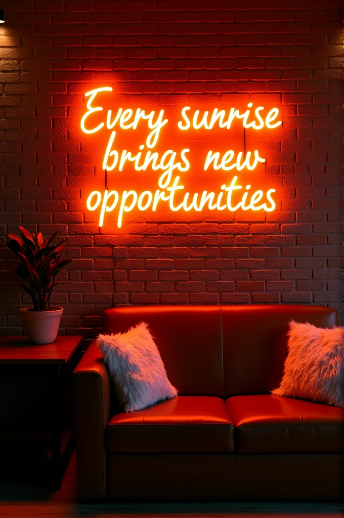 A captivating photo of an interior space with a bold, bright orange neon sign that reads"Every sunrise brings new opportunities." hanging prominently on a
rustic brick wall. The warm glow from the neon light casts a cozy ambiance, with the dim lighting and exposed bricks adding to the rustic charm. Beneath the sign, a comfortable brown leather couch with a white furry cushion sits against the wall, inviting relaxation. To the left, a wooden table is adorned with a potted plant, further enhancing the cozy atmosphere., typography, photo