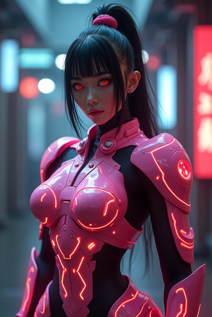 Cinematic soft lighting illuminates a stunningly detailed and ultra-realistic, details of this 16k photography masterpiece, busty samurai woman, technological pink armor with colored lights, red eyes,