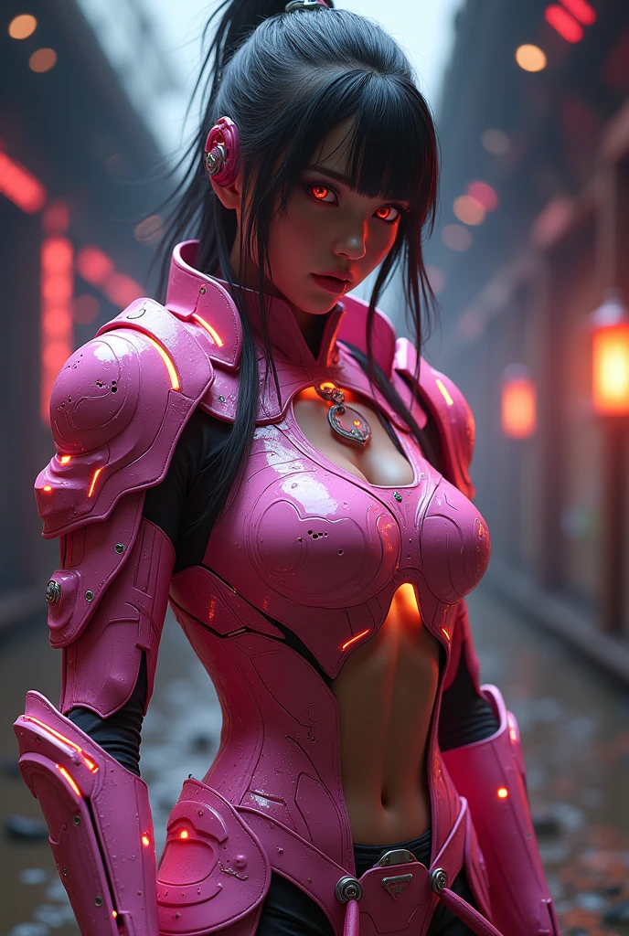 Cinematic soft lighting illuminates a stunningly detailed and ultra-realistic, details of this 16k photography masterpiece, busty samurai woman, technological pink armor with colored lights, red eyes, 