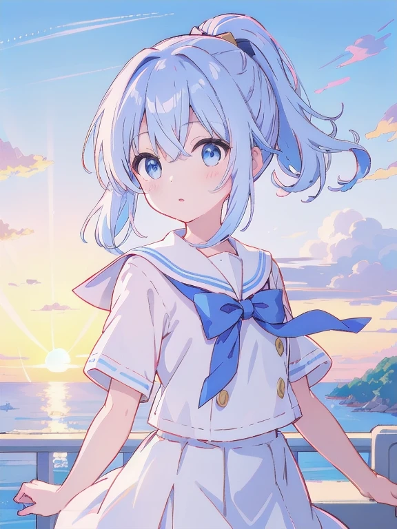 Highest quality、Ultra-high resolution、Detailed face and eyes、Eye highlights、One Girl、Light blue hair、High Ponytail、Sailor suit、Hair and skirt fluttering in the wind、School zone、On the way home、Sunset behind the girl