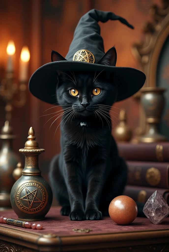 a cute black cat wearing witch'shat, in the style of dark amber and, hyper-detailed portraits, gothic fairytales, ethereal landscapes, hat, no humans, witch hat, cat, animal focus, animal, pumpkin, indoors, black headwear, wiccan artifacts, hyper-detailed,ultra-realistic, 8k,ultra-realistic, hyper-detailed, 32k uhd, (Background is Luxury witches room and magic room) Magic Items, Magic Bottle, Large Magic Bottles, Elven Magic Bottle, Fairy Magic Bottle, hexagram, Crystal Magic, magic books wiccan, Luxury hexagram necklace, luxurious witch necklace