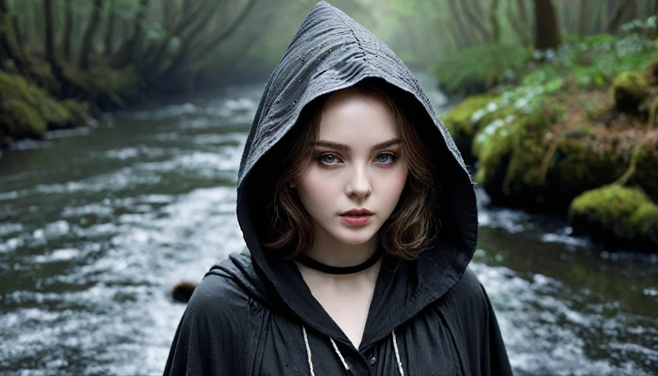 ((masterpiece, Fantasy,The hood is pulled down so deeply that it is hard to see.,Black paint on eyelids and cheeks, A beautiful girl is far away, Wizard)), Brown hair with wavy ends,short hair,Pale skin, Dirty black heavy hooded cloak, 汚れたdark緑のワンピース,assassin, Robe over grey clothes, forest, Small River, fog,Thin lips,Looking down, dark, night,Grey frayed fabric around the neck