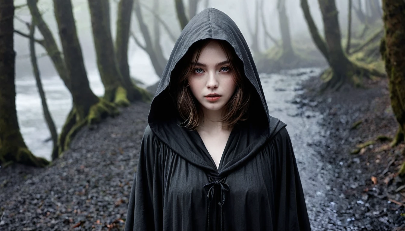 ((masterpiece, Fantasy,The hood is pulled down so deeply that it is hard to see.,Black paint on eyelids and cheeks, A beautiful girl is far away, Wizard)), Brown hair with wavy ends,short hair,Pale skin, Dirty black heavy hooded cloak, 汚れたdark緑のワンピース,assassin, Robe over grey clothes, forest, Small River, fog,Thin lips,Looking down, dark, night,Grey frayed fabric around the neck