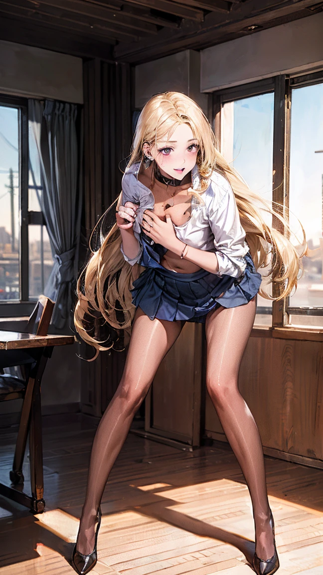 (masterpiece:1.3, 최상의 품quality), (realistic, photorealistic:1.4), beautiful illustrations, perfect lighting, fancy, written border depth,
looking at viewer, whole body, front view:0.6, 1 girl, alone, Japanese, High school girls, improve, (big bust,wide hips,small waist, Seductive thighs, skin dents),(long hair:1.5),asymmetrical bangs, chapped lips, (Very tanned and shiny skin),good hair, beautiful hair, beautiful face, very detailed face, beautiful beautiful eyes, beautiful collarbone, beautiful body, beautiful breasts, beautiful thighs, beautiful feet, beautiful fingers, (beautiful scenery), (blonde:1.5),gray plaid pleated skirt, black stockings, pussy,vulva,quality,plump thighs, Metal collar, ear piercing, red eyes, straight hair, Sweeping bangs, gradient hair, , white shirt, tie, ecstatic face, looking at viewer, (Pantyhose pull down, panties pull down, in person, Clutching your chest), In a classroom with a sunset,( lean forward:1.2),white panties,