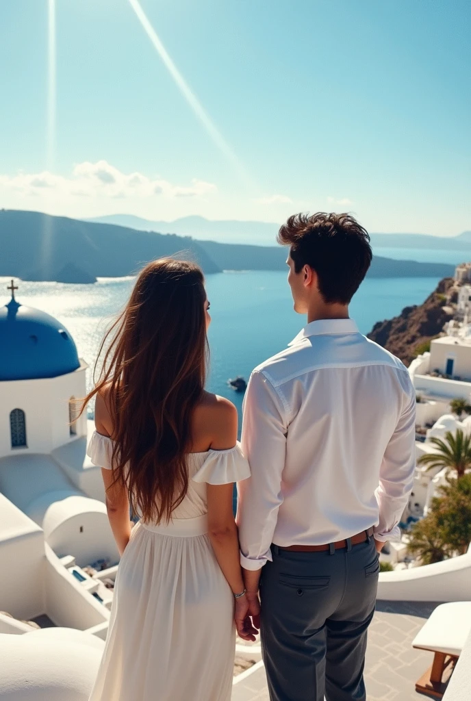 Santorini Daytime Wedding Back view Long haired girl Off-shoulder dress Tall boy Black hair Slightly longer White shirt
