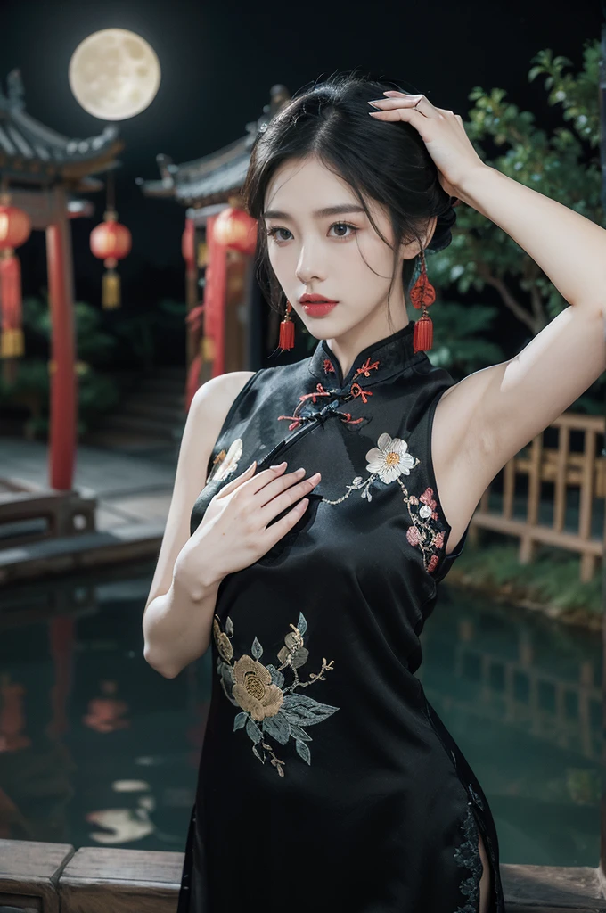 (((best quality))),(((ultra detailed))),(((masterpiece))),illustration,((1 beautiful girl,solo)),(bun hair:1.2),(Ghostly makeup:1.3),(fair skin:1.5),(red lips:1.2),(earrings:1.2),((slim,thin)),((small breasts,flat chest)),(black floral embroidered lace sleeveless cheongsam:1.5),(thigh loop:1.3),(slender legs:1.2),(stockings:1.3),(standing:1.3),(both hands behind the head:1.5),(armpits:1.5),(A huge moon in the sky:1.3),(moonlit Chinese garden courtyard:1.3),(Ghost Festival:1.3),(Ghostly flames are drifting in the air:1.3),elegant and sophisticated,intricate patterns,curves,dark color,striking visual appeal,ethereal,enchanting,ghostly black blossoms,swaying branches,stone pathways,moss,eerie shadows,ancient pavilion,intricate wooden structure,mystery and intrigue,cicadas chirping,auditory symphony,embodiment of the festival's spirit,bathed in the moon's glow,delicate features,raven-black hair,waterfall of darkness,moon's luminance,captivating allure,sleek fabric,clung to frame,accentuating curves,highlighting beauty,striking appearance,ethereal beauty,hauntingly beautiful scene,captured essence,blend of beauty and mystery,(night scene:1.3),((from front,upper body))