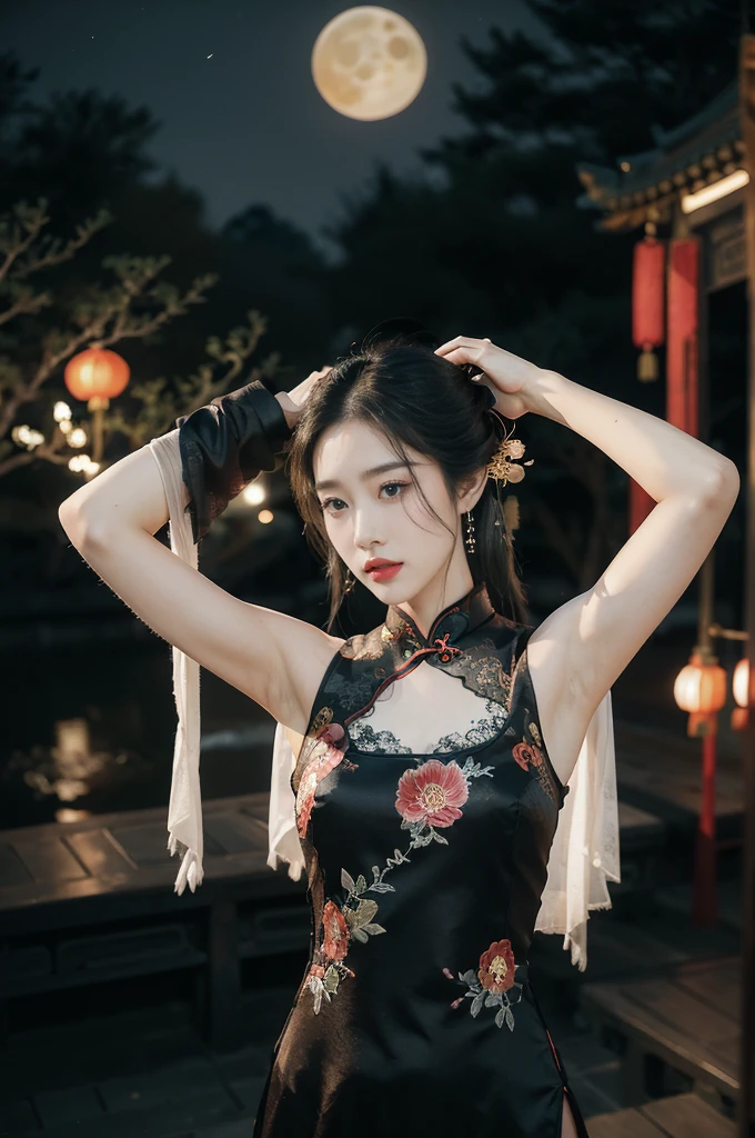 (((best quality))),(((ultra detailed))),(((masterpiece))),illustration,((1 beautiful girl,solo)),(bun hair:1.2),(Ghostly makeup:1.3),(fair skin:1.5),(red lips:1.2),(earrings:1.2),((slim,thin)),((small breasts,flat chest)),(black floral embroidered lace sleeveless cheongsam:1.5),(thigh loop:1.3),(slender legs:1.2),(stockings:1.3),(standing:1.3),(both hands behind the head:1.5),(armpits:1.5),(A huge moon in the sky:1.3),(moonlit Chinese garden courtyard:1.3),(Ghost Festival:1.3),(Ghostly flames are drifting in the air:1.3),elegant and sophisticated,intricate patterns,curves,dark color,striking visual appeal,ethereal,enchanting,ghostly black blossoms,swaying branches,stone pathways,moss,eerie shadows,ancient pavilion,intricate wooden structure,mystery and intrigue,cicadas chirping,auditory symphony,embodiment of the festival's spirit,bathed in the moon's glow,delicate features,raven-black hair,waterfall of darkness,moon's luminance,captivating allure,sleek fabric,clung to frame,accentuating curves,highlighting beauty,striking appearance,ethereal beauty,hauntingly beautiful scene,captured essence,blend of beauty and mystery,(night scene:1.3),((from front,upper body))
