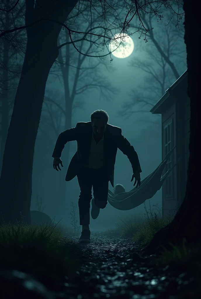 Man running back to hammock in fear at night in the dark in his backyard