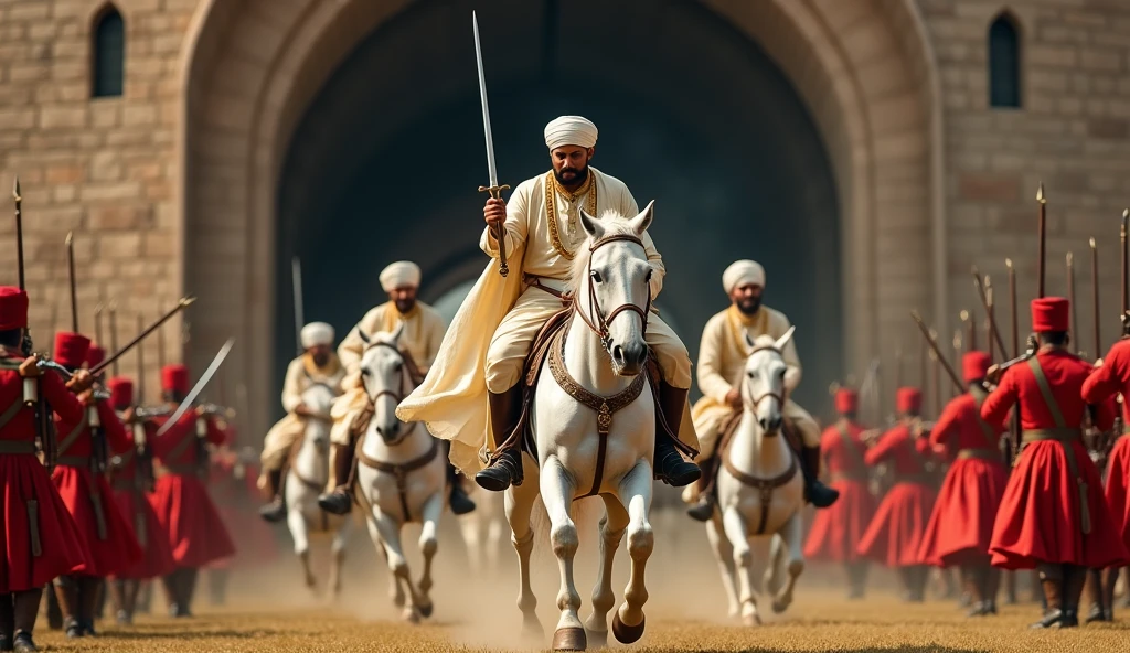 18th century Tipu Sultan of Mysore with bald head and  handlebar moustache with clean shaven chin and head wearing a silky muslin white gown holding a turkish  arched steel sword in right hand riding a white horse surrounded  by his bodyguards wearing turban emerging from a 6 feet dark stone arched tunnel of fort srirangapatna charging towards the British soldiers in red uniform who are targeting and firing with muskets from their opposite side  in cinematic UHD landscape resolution in broad daylight condition 
