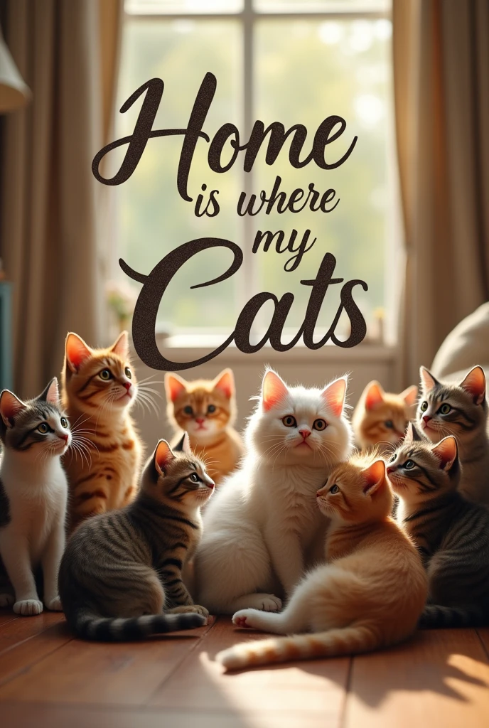 A hyper-realistic, heartwarming image of seven playful and adorable cats, gathered around a cozy home setting. The cats are of various breeds, each with unique colors and markings, creating a charming and lively scene. In the center, the words "Home is where my Cats are" are written in large elegant, cursive typography, adding a personal touch to the image. The overall atmosphere is warm and inviting, with a sense of love and companionship radiating from the scene.