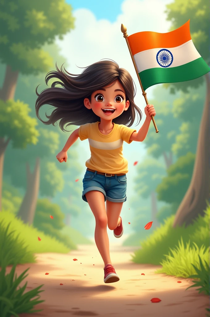 Cute & pretty girl running with indian flag