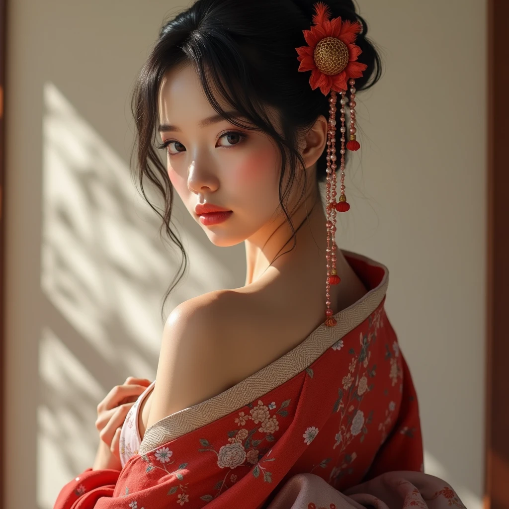 sexy hot Japanese woman in traditional cloth kimono and in realistic style