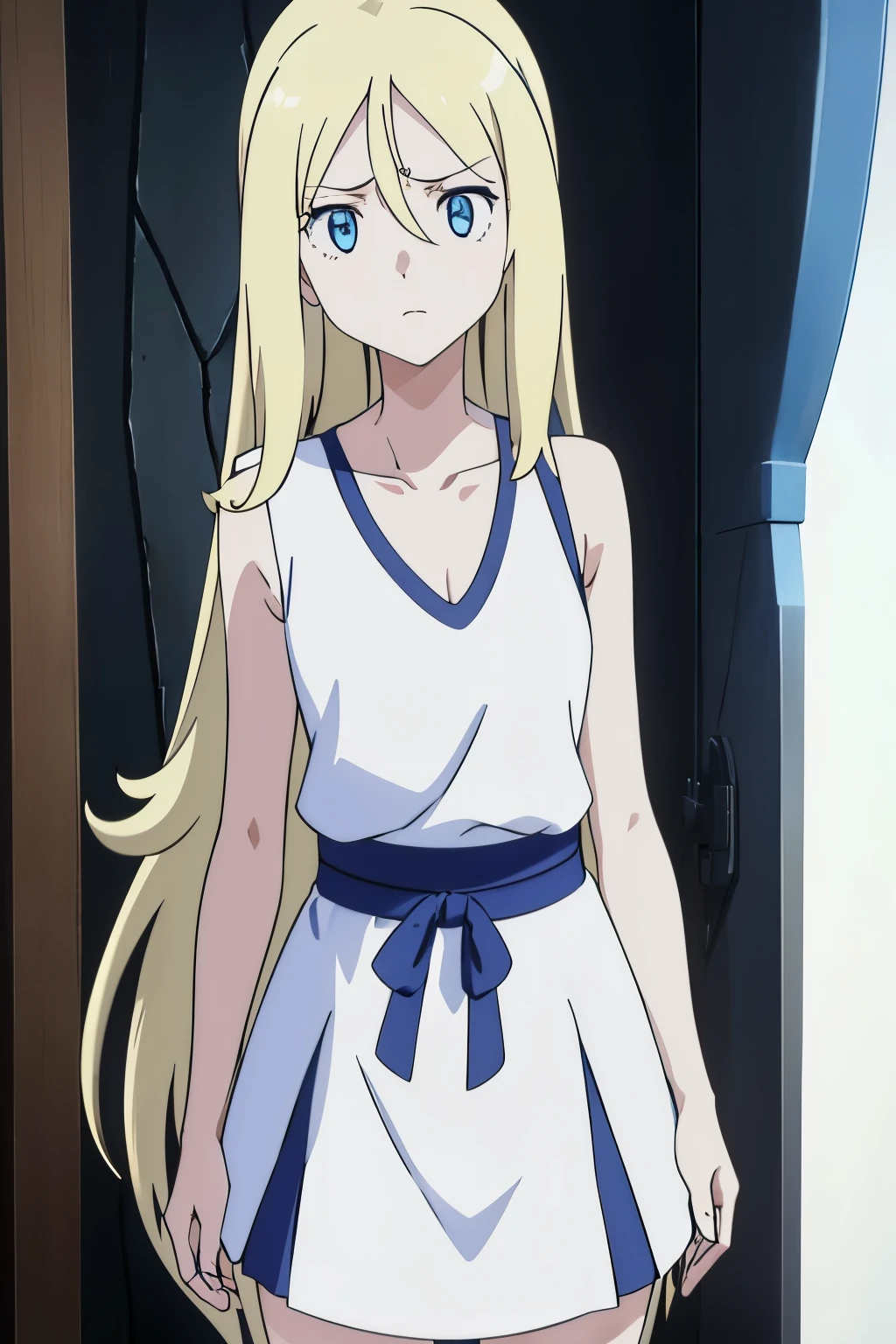 Artwork, best quality, high resolution, long hair, blue colored eyes, 1 girl, standing alone, Eyelash, sleeveless, bangss, clavicle, bare arms, white undershirt, white background, 正面, No scenario, gazing at viewer, trunk, visualizador de 正面, solid color background, clean background, de 正面 para a câmera, high resolution, calm and expressionless face, white background, looking away