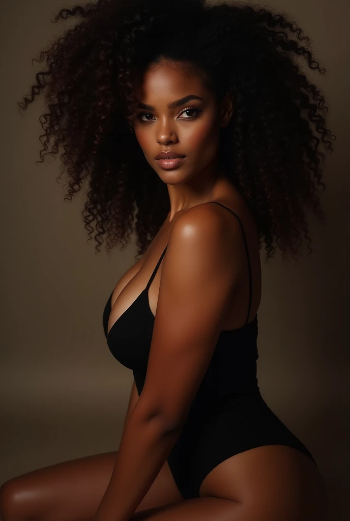 Mixed-race woman with curly hair in doggy style position