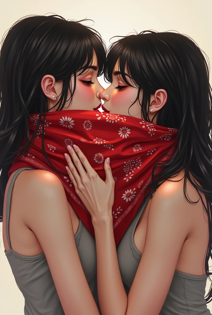 Two girls kiss face cover red bandana