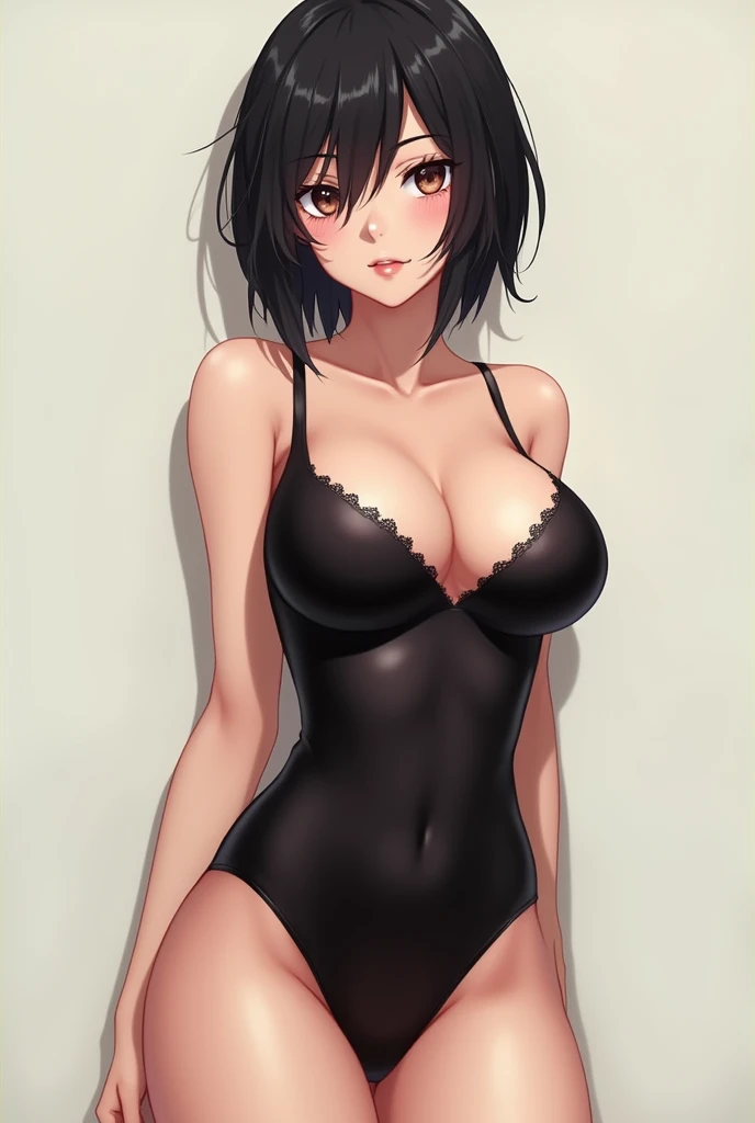 Short hair anime girl in black clothes with big tits and naked