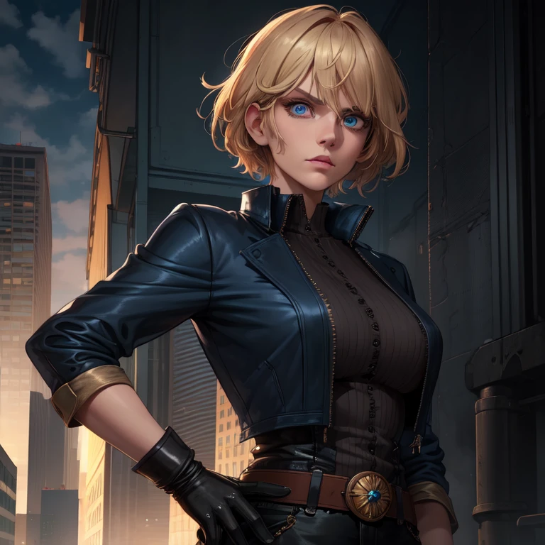 leslie,bangs,two-tone hair,undercut,blue eyes,
gloves,shirt,black jacket,belt,
standing,upper body,serious,
metropolis,morning,
(insanely detailed, beautiful detailed face,beautiful detailed eyes, masterpiece, best quality),