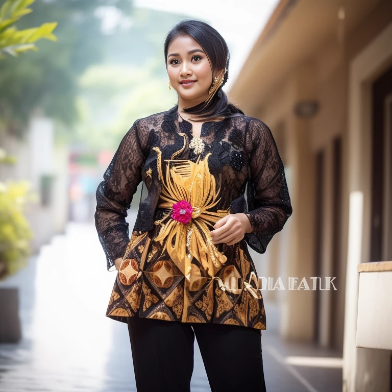 photography, woman, portrait of woman wearing kebaya_bali in black long batik dress traditional, , necklace, earrings, ornate, detail, flowers, blurry background, soft focus