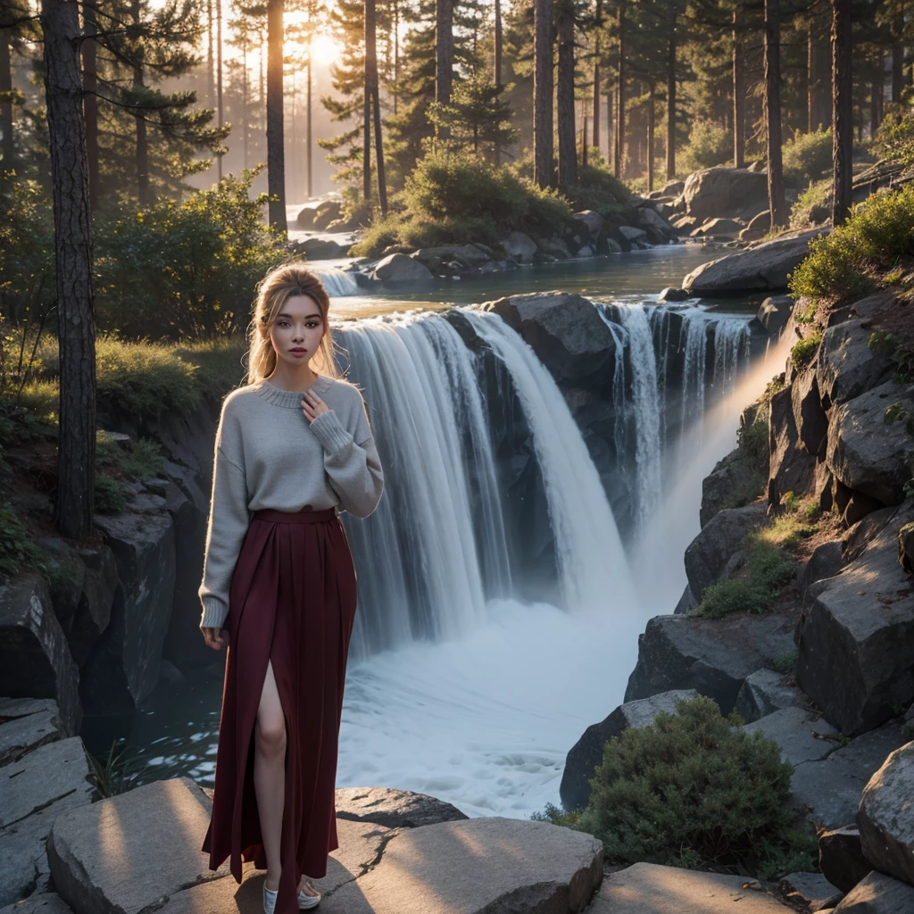 In the golden hour of dusk，Deep in the red pine forest, There is fog, ground-level view, Matte painting, Rochas, distant waterfalls,(a beauty 1:1.3)，wearing a white sweater，largeeyes，Long gray hair，Stunningly detailed, 4K, k hd, Clean, be full of details, Focus sharp, Xinhai City&#39;the rule of thirds, tomas kinkade, karol bak, Hot topics on artstation