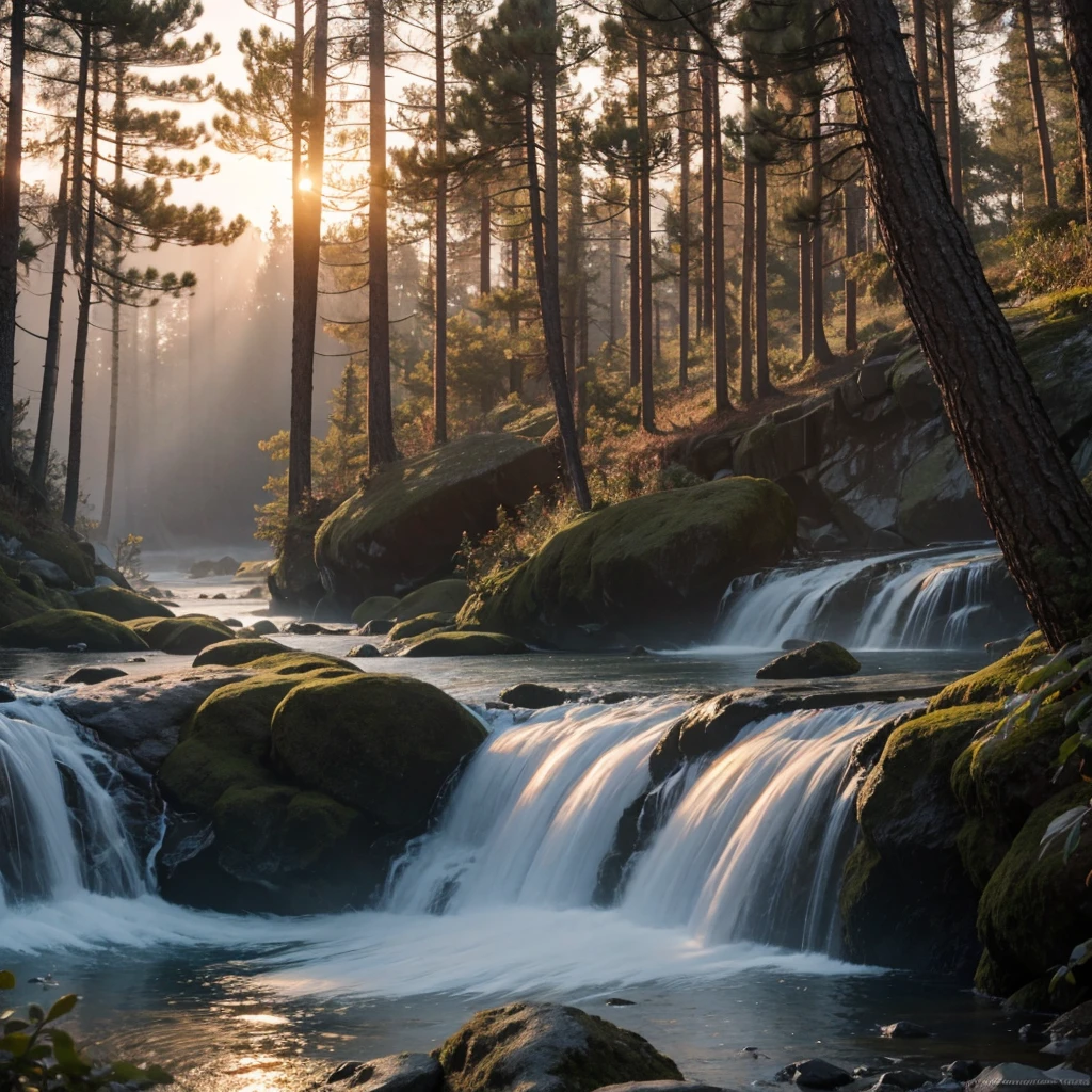 In the golden hour of dusk，Deep in the red pine forest, There is fog, ground-level view, Matte painting, Rochas, distant waterfalls,(a beauty 1:1.3)，wearing a white sweater，largeeyes，Long gray hair，Stunningly detailed, 4K, k hd, Clean, be full of details, Focus sharp, Xinhai City&#39;the rule of thirds, tomas kinkade, karol bak, Hot topics on artstation