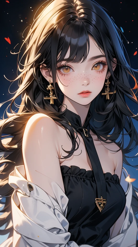 anime girl 20 years old with narrow yellow eyes, a smoll mole under the eye, bruises under the eye, inconspicuous freckles on the nose, straight dark brown hair below the shoulders and oblique long bangs covering the left eye, pale skin, tired look, breasts of the second size, low height, 4k