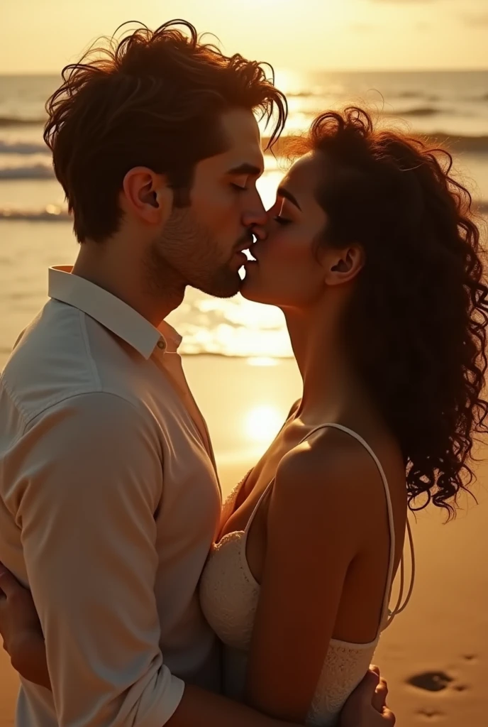 Robertpattinson, white skin like a vampire, kissing a brazillian girl , like twilight, the girl has curly 3c medium lenght hair at the beach