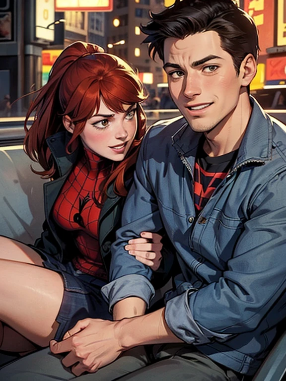 storyboard of Peter Parker late 20s sitting with Mary Jane late 20s talking and laughing, one at home, one at the theater, and the last one on a New York street, holding his right hand, comics style, modern style.