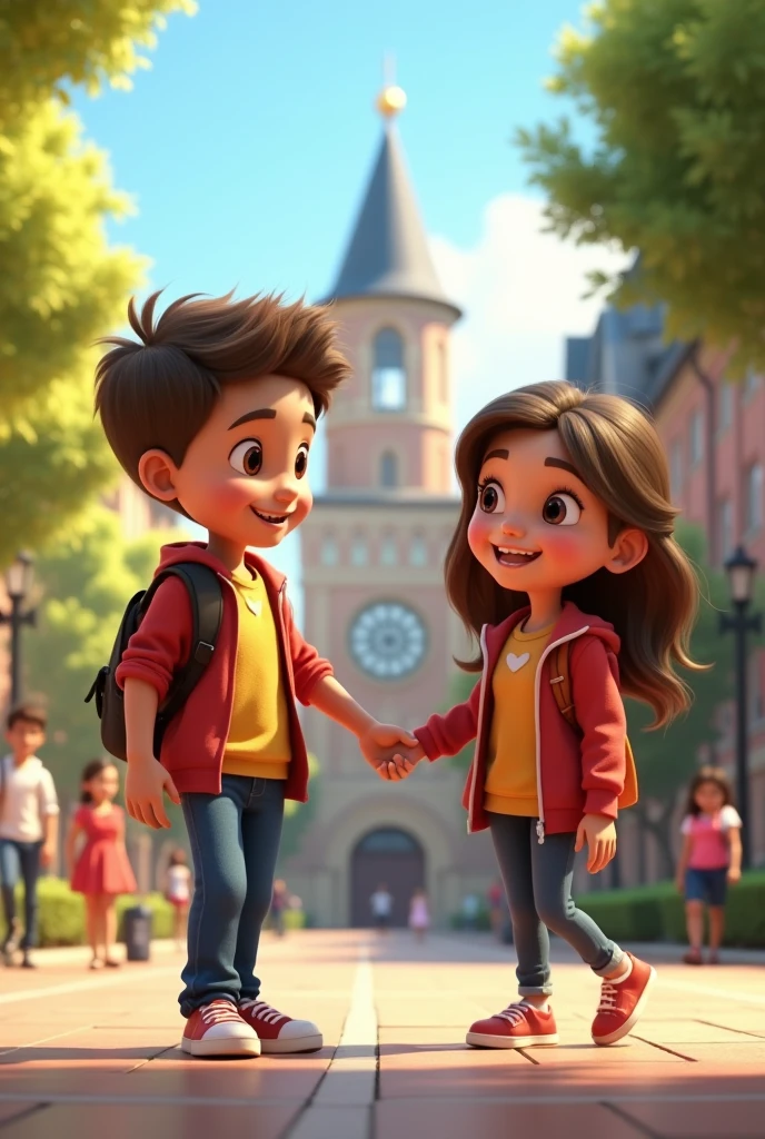 In cinametic 3d cartoon style "a young boy and girl in a college setting.
