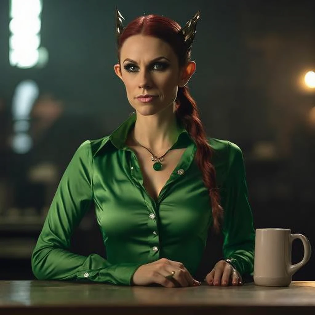 Beautiful Evil Muscular bodybuilder, green satin button blouse, evil expression, big breasts, cleavage, tight braided ponytail, black eyeliner