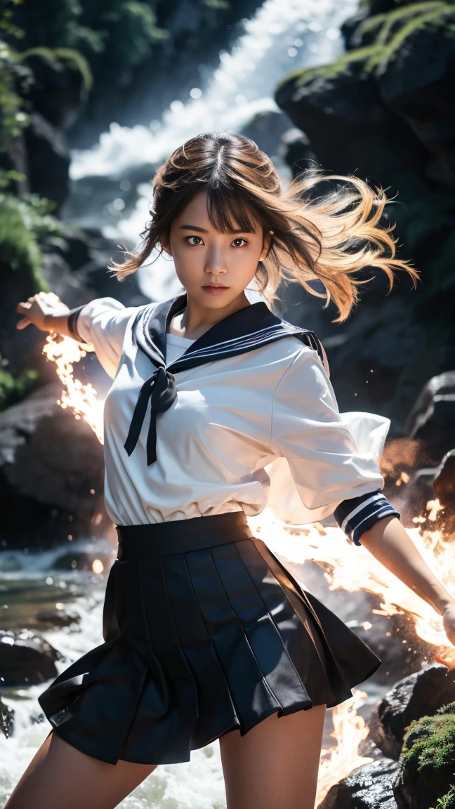 (Ultra HD, Highest quality, High resolution, Surreal, so beautiful), 24000dpi, (Holding the Japan sword, Bidirectional, Electric shock), Charge Move, Special Move Stance, All-in-one, dance, Beautiful woman, Long Tail, Well-formed eyes, greatest visual acuity, 18-year-old, Fascinating, Totally American, Perfect body, Physical Beauty, (Sailor suit, mini skirt),whole body