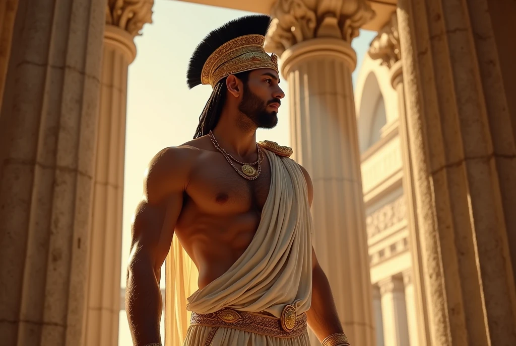 An ancient greek man, Chico, greek warrior, muscular, Graced, 35 años de edad man con poderosa presencia, greek headdress, ((wearing detailed greek tunics)), standing inside the greek temple, Intricate, elegant, Very detailed, masterpiece, extremely detailed, detailed background, Whole body, Best Quality, ancient greek architecture, Ancient Greece, male, man, (((just dressed))), bare chest, (((body hair))), one arm up, low waist thong, White tunica, gold accessories, male face, illuminated by golden sunlight, seductive look, sexy, curtains hanging from the ceiling, NSFW