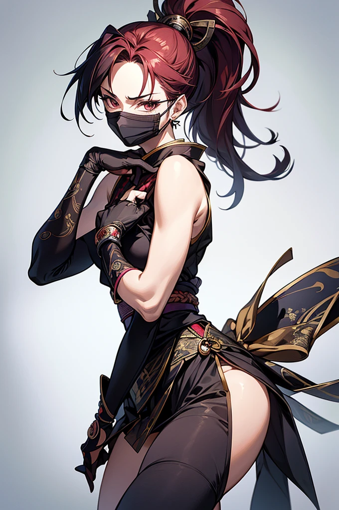 masterpiece,best quality,extremely detailed CG,ultra-detailed,1woman,ninja,elaborately designed japanese style clothes,skinny,ponytail,multicolored hair,open stance,serious,sleeveless,over-kneehighs,mask,