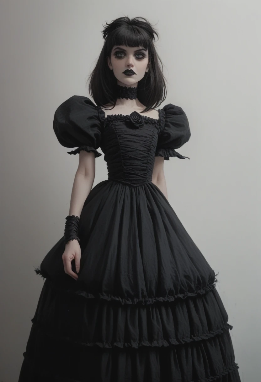 gorgeous doll + dark fantasy + morbid + macabre + portrait + frame + gothic dress + death + Tim Burton style + big boobs + ((realistic))