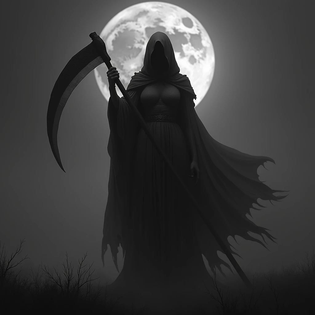 (Monochrome Grayscale: 1.2), A Gigantic Grim Reaper, Midnight Battlefield, Massive Scythe (Crescent Moon: 1.2), Pale, Fully Clothed, Overwhelmingly Busty, Standing with a Dominant Stance, Full-Body Shot, Front View from Below, Dark and Dramatic Cinematic Lighting, Covered Breasts Under a Mantle of Shadows
