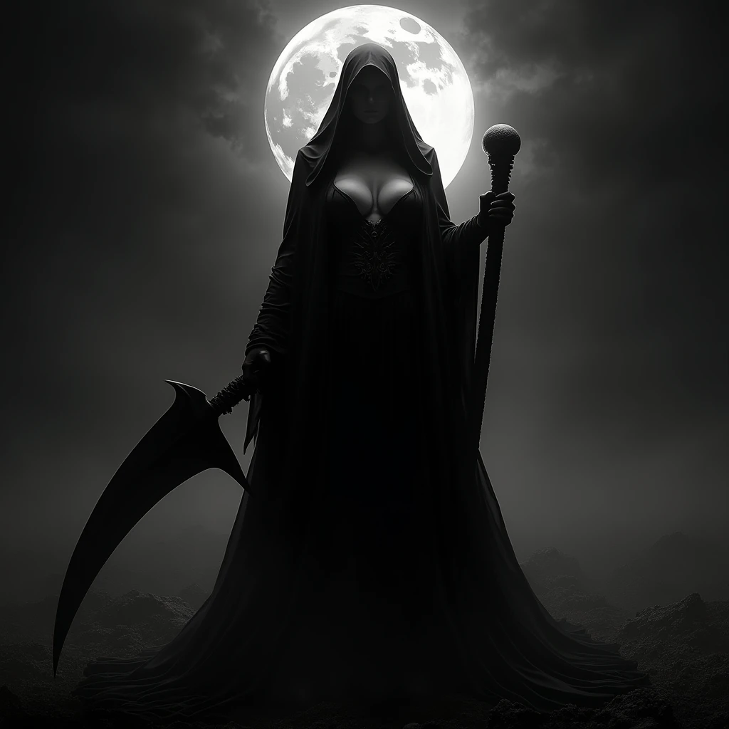 (Monochrome Grayscale: 1.2), A Gigantic Grim Reaper, Midnight Battlefield, Massive Scythe (Crescent Moon: 1.2), Pale, Fully Clothed, Overwhelmingly Busty, Standing with a Dominant Stance, Full-Body Shot, Front View from Below, Dark and Dramatic Cinematic Lighting, Covered Breasts Under a Mantle of Shadows
