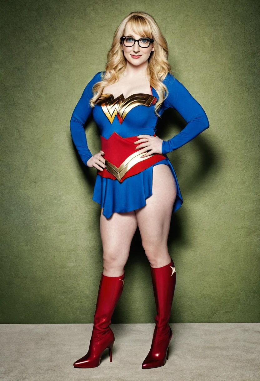 Full body shot of a beautiful blonde with a curvy body and large breasts. Melissa Rauch. Wearing glasses and a skimpy Wonder Woman outfit with high heel shoes.
