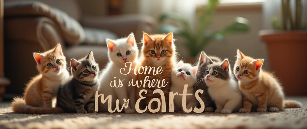 A hyper-realistic, heartwarming image of seven playful and adorable cats, gathered around a cozy home setting. The cats are of various breeds, each with unique colors and markings, creating a charming and lively scene. In the center, the words "Home is where my Cats are" are written in large elegant, cursive typography, adding a personal touch to the image. The overall atmosphere is warm and inviting, with a sense of love and companionship radiating from the scene.