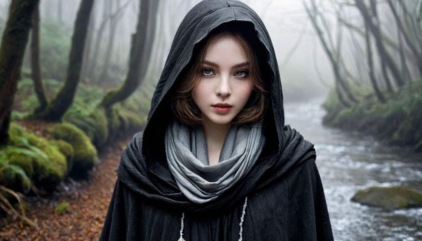 ((masterpiece, Fantasy,The hood is pulled down so deeply that it is hard to see.,Black paint on eyelids and cheeks, A beautiful girl is far away, Wizard)), Brown hair with wavy ends,short hair,Pale skin, Dirty black heavy hooded cloak, 汚れたdark緑のワンピース,assassin, Robe over grey clothes, forest, Small River, fog,Thin lips,Looking down, dark, night,A worn grey scarf around the neck