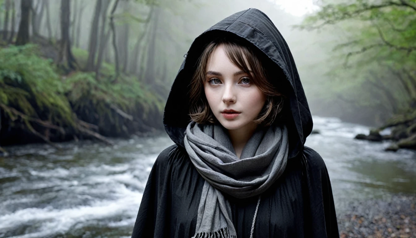 ((masterpiece, Fantasy,The hood is pulled down so deeply that it is hard to see.,Black paint on eyelids and cheeks, A beautiful girl is far away, Wizard)), Brown hair with wavy ends,short hair,Pale skin, Dirty black heavy hooded cloak, 汚れたdark緑のワンピース,assassin, Robe over grey clothes, forest, Small River, fog,Thin lips,Looking down, dark, night,A worn grey scarf around the neck