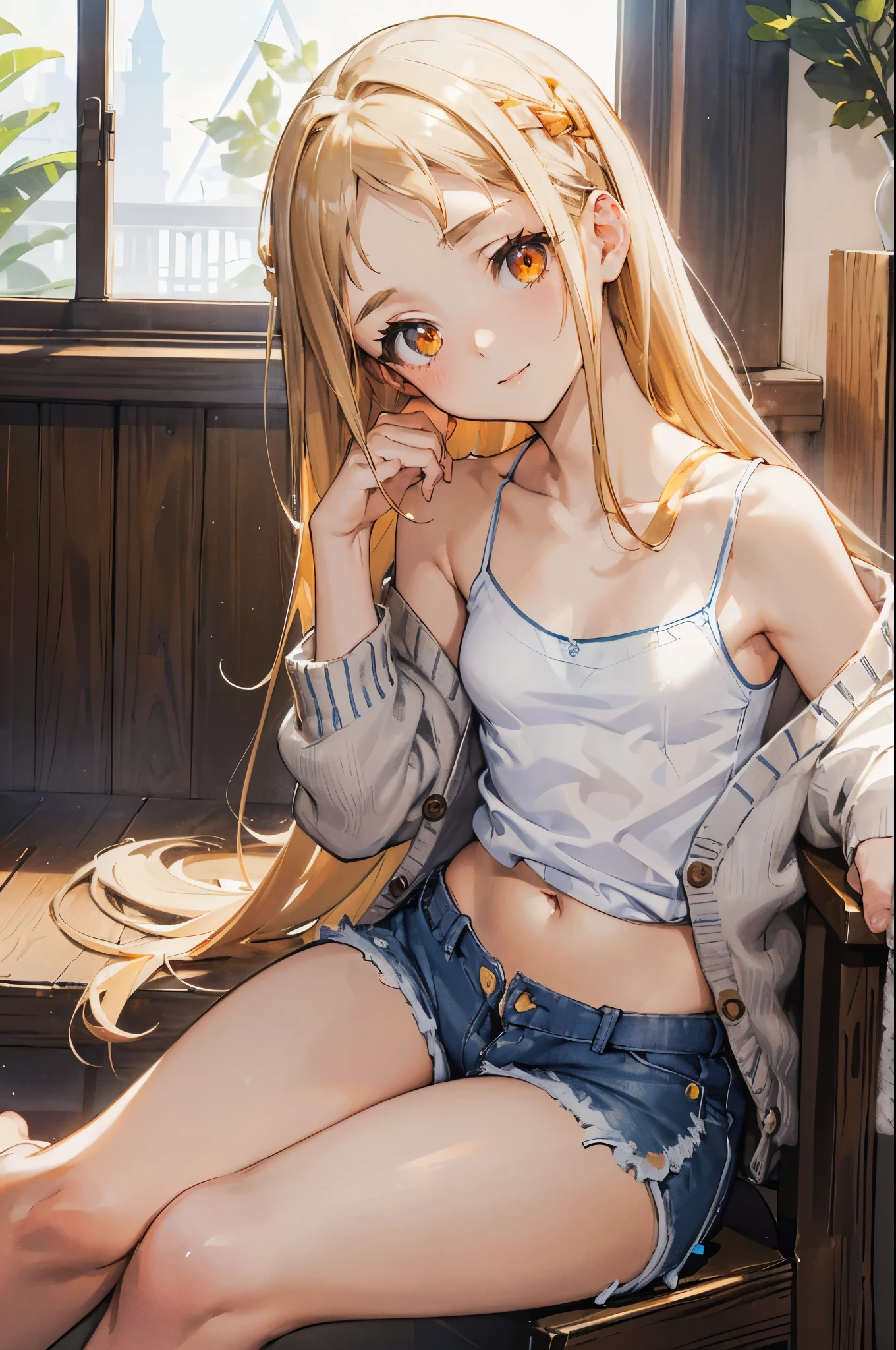 masterpiece, ultra detailed, 8k portrait, RAW photo, portrait photography, Highly detailed face, beautiful and meticulous eyes, (amber color eyes:1.5), 15 years old, (smile:1.0), (tilt one's head:1.5), (sitting:1.5), indoor, (white thin camisole:1.5) and (Lowrise blue shorts:1.5), (navel:1.2), (ultra long white summer cardigan:1.5), cute girl, long hair, (white yellow hair), (shoulder length hair:1.5), show forehead, one side parted hair, hairpin, (sleepy face:1.0), young girl, 1girl, beauty girl, pretty girl, 159cm, 41kg, slim:1.5, flat chest:1.5,