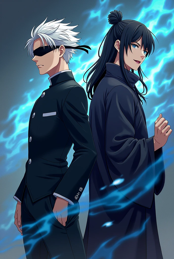 "A dynamic fan art illustration featuring Satoru Gojo and Suguru Geto from the anime Jujutsu Kaisen. Gojo stands confidently, his signature white hair flowing and his blindfold slightly lifted, revealing his intense blue eyes. He is dressed in his dark high-collared uniform, with a relaxed but powerful stance. Suguru Geto is beside him, exuding a calm yet menacing aura, his long black hair tied in a loose bun. He wears traditional dark robes, and a sinister smile plays on his lips. The background is a mix of swirling cursed energy and dark clouds, hinting at their complex relationship. The overall style should be vibrant and detailed, with a dramatic use of lighting and shadow to emphasize their contrasting personalities.