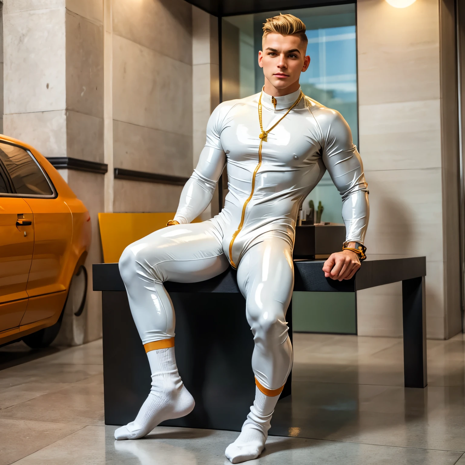 full view full body, one muscular bodybuilded white european cute boy with clean undercut light-brown haircut, in bright-orange latex jumpsuit and white shiny latex socks, no shoes, wearing gold rings, bracelets, necklaces, posing in gay clothing store, his white latex socks are visible, HQ realistic photo, detailed face
