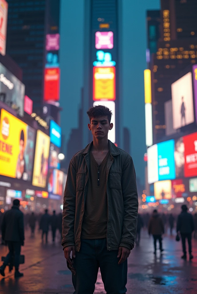 Poor young man stand in front of times square nyc