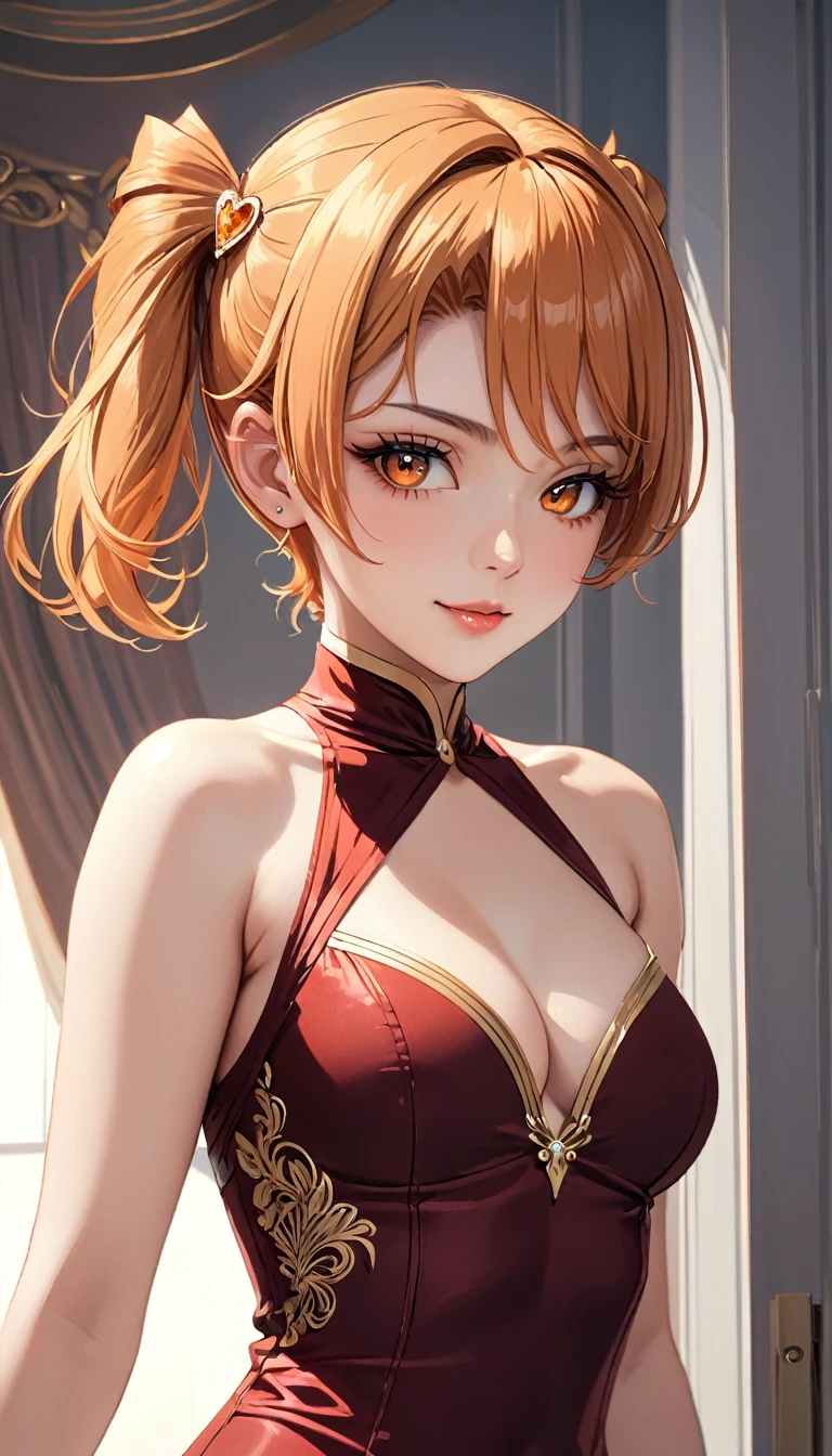 1girl, solo,light orange hair, two short ponytails, heart-shaped hair decoration, amber eyes, detailed eyes, high quality, high-quality eyes, orange eyes, high-quality fingers, (masterpiece, best quality), intricate details, skinny, sharp chin line, high detail, detailed face, beautiful face, deep eyes, (smile: 0.8), hips, hazy soft colors, (masterpiece: 1.2), (best quality), (excessive detail), (8k, 4k, complex), (high detail: 1,2), smoothing